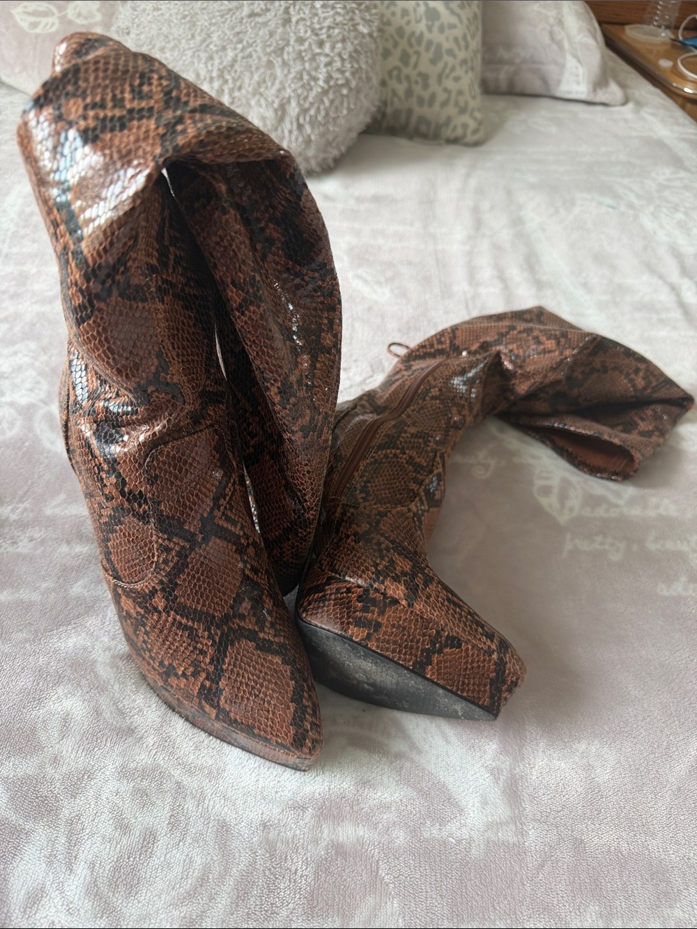 Shoe Dazzle Brown Snake-Print Over-the-Knee Boots